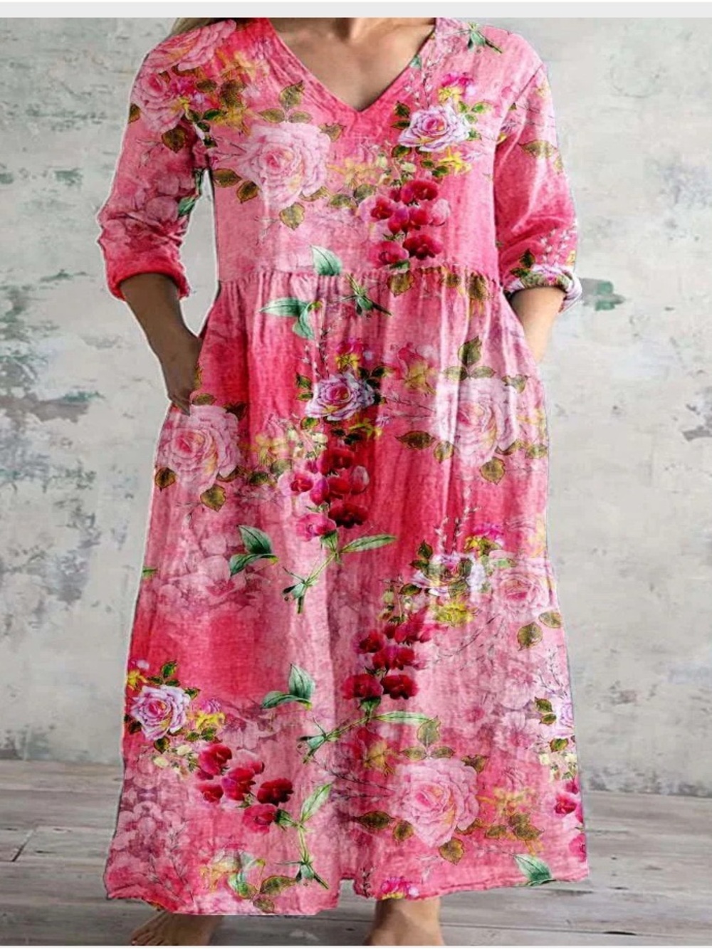 Pink Floral V-Neck Maxi Dress with Pockets